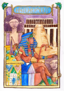 Hatchepsout -1500 - Égypte Hatchepsout est la première reine-pharaon dont l'histoire ait gardé le nom. Elle a gouverné pendant la 18ème dynastie du Nouvel Empire. Quand elle se fait couronner, elle commence à se représenter comme un homme.